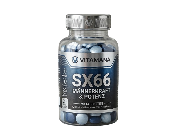 Dose SX66 mit 60 Kapseln, Vorderansicht mit Etikett
